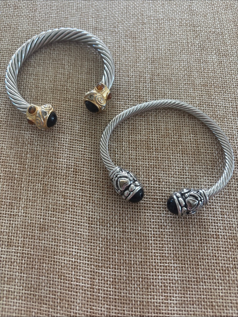 Open Cable Cuff Bracelet with Black Stone Accents